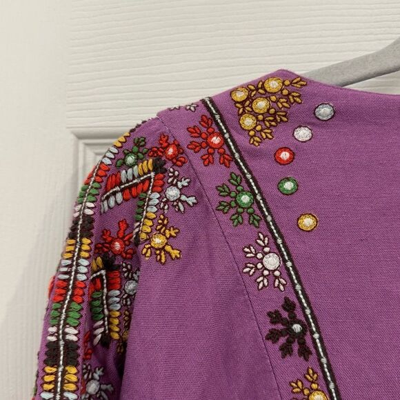 Free People Embroidered Linen Dress Tunic Size XS Purple Tie Front Embellished - Picture 6 of 9